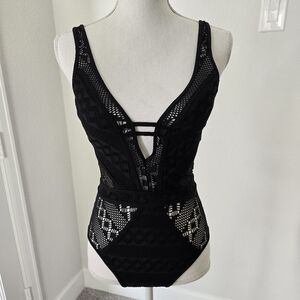 BECCA by Rebecca VirtueCrochet Plunge One-Piece Swimsuit, small
